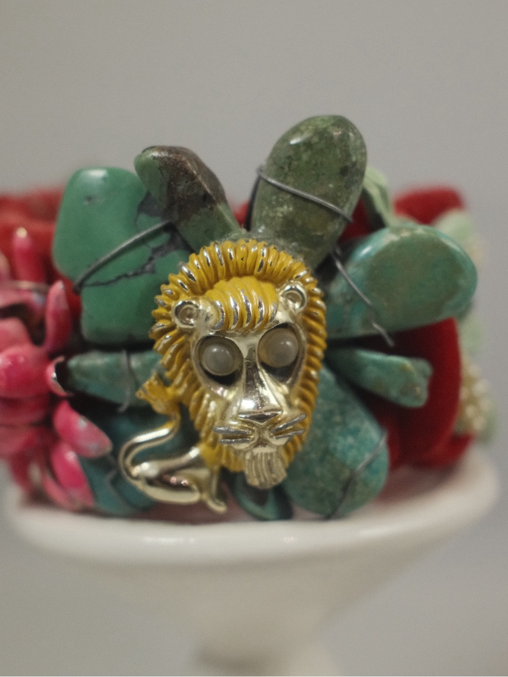 Artisan Turquoise & Pink Floral Statement Cuff Bracelet with Lion Accent